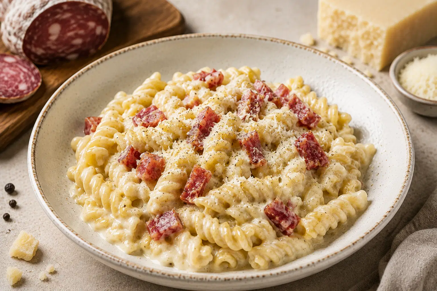 Fusilotti con crema di pecorino e salame Sant_Angelo di Brolo IGP-org