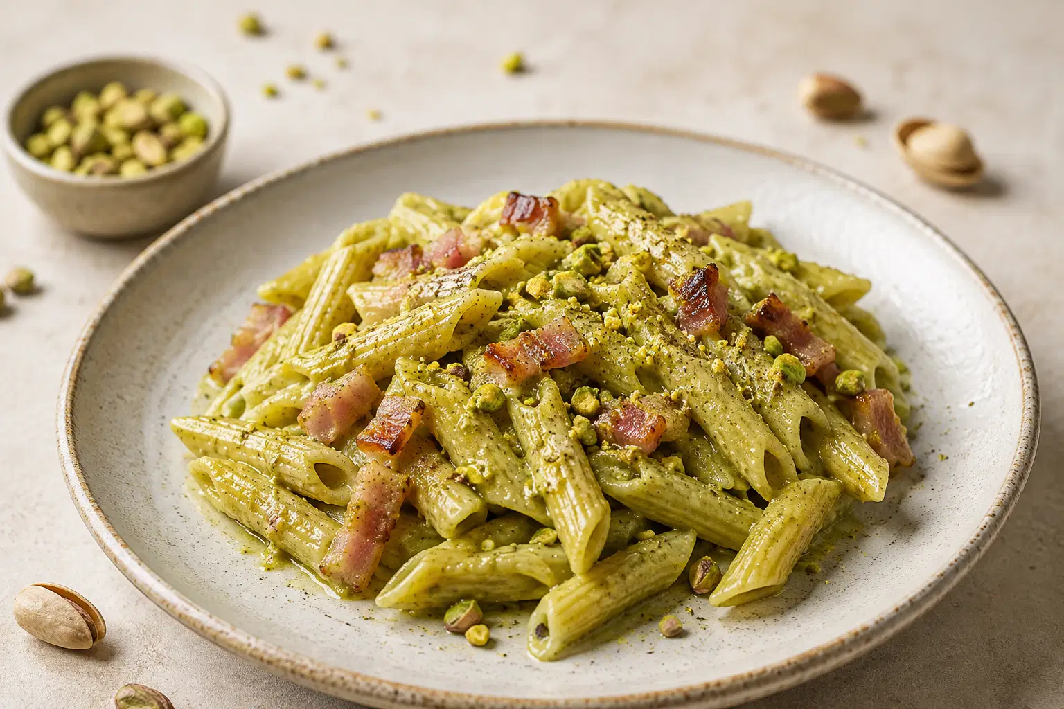 Penne al pistacchio con guanciale
